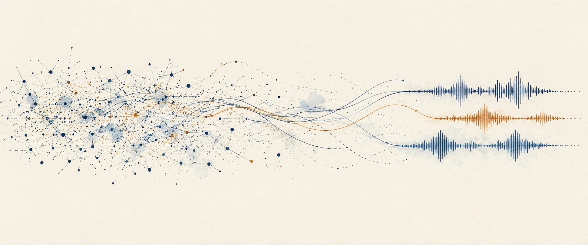 Scattered blue source links resolve into a few blue and orange audio waveforms on an ivory background.
